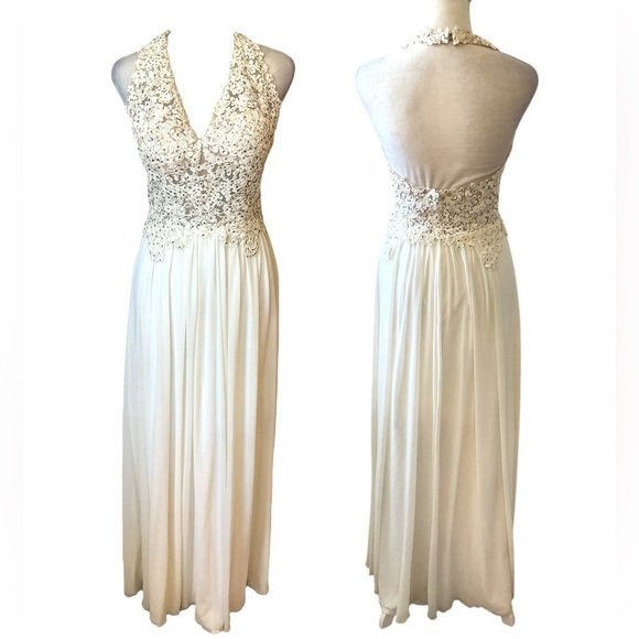 Sherri Hill Cream Lace Rhinestone Halter Neck Gown Size 4 - Picture 1 of 14
